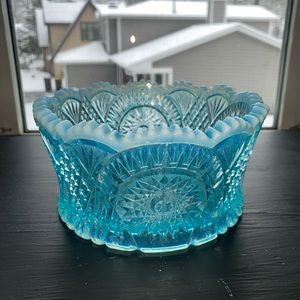RARE Mosser flat bottom diamond etched blue opalescent Glass Bowl 3 1/4 X 6 1/2